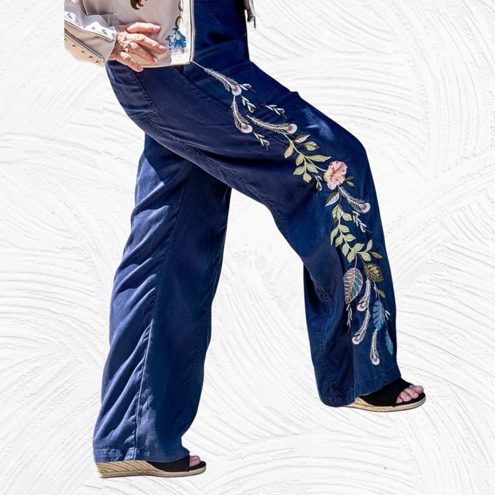 Johnny Was Navy Blue EMIKA Belted Wide Leg Pant PL Embroidered Floral boho